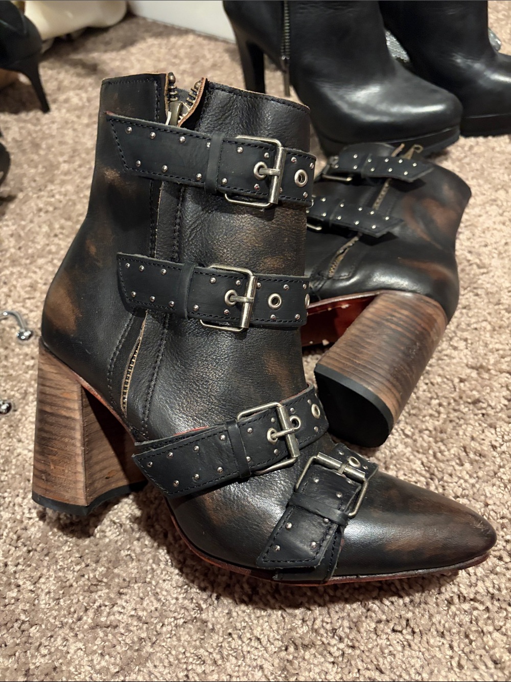 Freebird- Women’s Black Buckle Strap Ankle Boots with Wood Block Heel